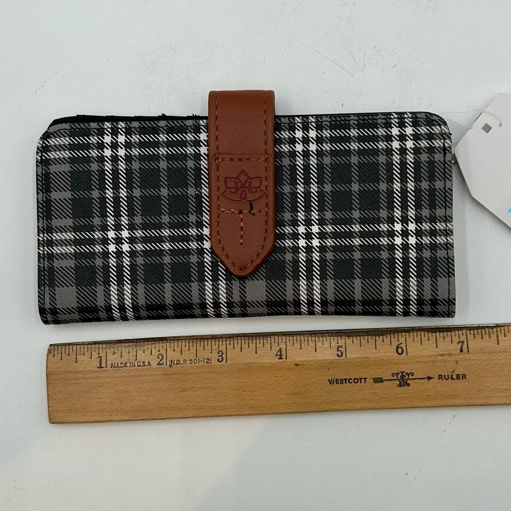 Time and Tru | NWT Black &‎ White Plaid Wallet with Brown Strap